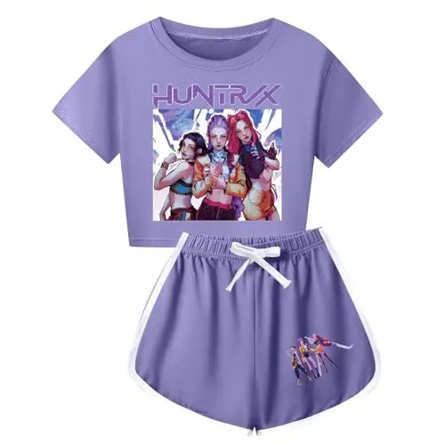 Produktbild: Sportanzug Kinder T-Shirt und Shorts Sommer Kleidung Set Trainingsanzug Jogginganzug 2 Teiler Outfit Sport Top mit Sporthose Bekleidungssets für Mädchen Lila XXL