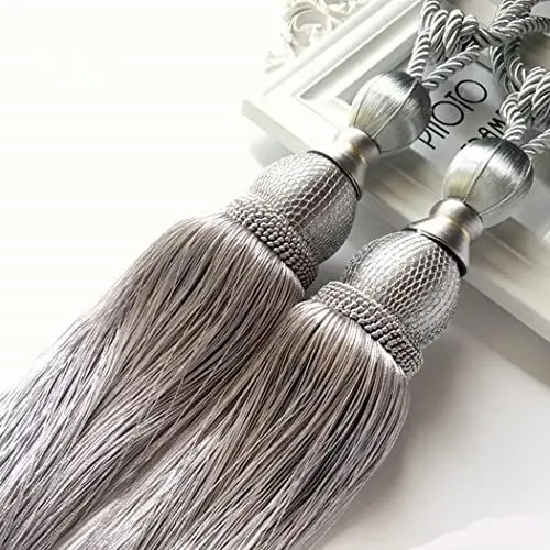 Produktbild: SPORTARC Handgefertigte Vorhang-Clips, Seil-Raffhalter, 2 Stück, große Raffhalter, Kugel, Quasten, Vorhangseil, Raffhalter, silberfarben