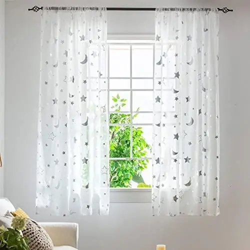 Produktbild: SPORTARC Voile Gardinen Vorhang halbtransparent mit Ösen in Leinenoptik Stores Gardinen Schals für Wohnzimmer Schlafzimmer Kinderzimmer, Mond und die Sterne, 1 x 1,3 m, 1er Set