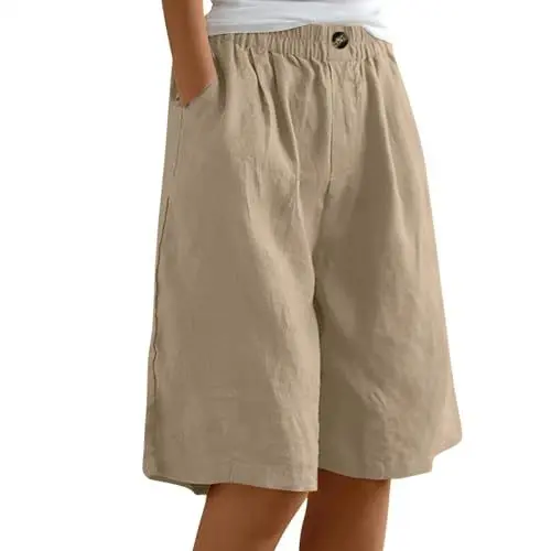 Produktbild: Sporthose Damen Kurz Mit Tasche Knielange Hosen Casual Caprihose Damen Weite Stoffhose Damen Sommer Leicht Hotpants Damen Musselin Hose Mit Gummizug Plissee Hose Jogginghose Damen Kurz Tennishose