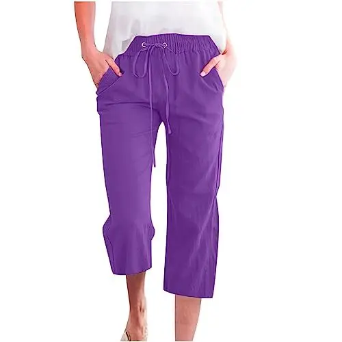 Produktbild: Sporthose Kurz Damen 3/4 Sommerhose Baumwolle und Leinen Strandhosen Leicht Leinenhose Baggy Luftige Pyjamahosen Elegant Kühlende Leinenhose Lässig Sommer Hosen Luftig Yogahose