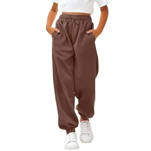 Produktbild: Sporthose Mädchen Baggy Jogginghose Einfarbige Drawstring Jogginghosen Teenager Mädchen High Waist Sweatpants Kinder Elastische Freizeit Lang Hosen mit Taschen (Coffee, 5-6 Years)