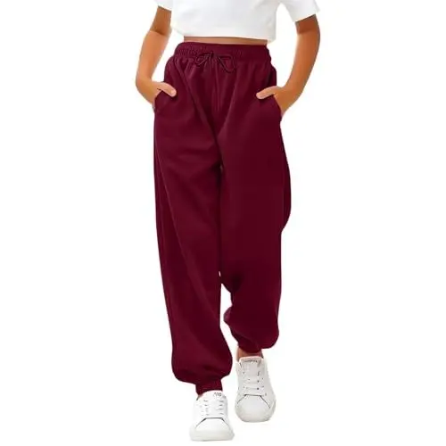 Produktbild: Sporthose Mädchen Baggy Jogginghose Einfarbige Drawstring Jogginghosen Teenager Mädchen High Waist Sweatpants Kinder Elastische Freizeit Lang Hosen mit Taschen (Wine, 5-6 Years)