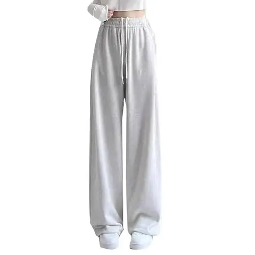 Produktbild: Sporthose Mädchen Baggy Weite Bein Jogginghose Locker Drawstring Jogginghosen Teenager Mädchen High Waist Sweatpants Kinder Freizeit Hosen mit Taschen Einfarbige Yogahose (Grey, 13-14 Years)