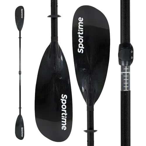 Produktbild: Sportime Kajak Paddel Voll-Carbon | 4-teilig, schwimmbar | L: 210-222 cm | Blatt 17x46 cm | 930 g | Ideal für Touren | Schwarz, Klavierlackoptik