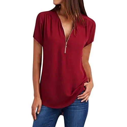 Produktbild: Sportoberteil Damen Lockere lässige Töpfe mit Reißverschluss Ausschnitt T-Shirt V Women Top Damenbluse Farming Simulator 19 (Wine, M)