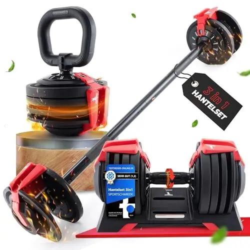 Produktbild: SPORTSCHMIEDE Verstellbare Hanteln | Hanteln Set, Kurzhanteln, Langhantel & Kettlebell (3in1 EASY SWITCH) Fitness Gewichte für Homegym Krafttraining Adjustable Dumbbell Set Hantelset