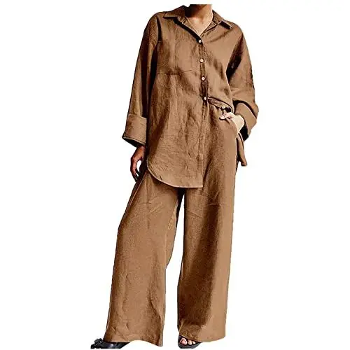 Produktbild: Sportset Damen für Damen, modisch, einfarbig, mit kurzen Ärmeln, Hemd, lockere Hosen Compatible with Motorradkleidung Set (Khaki, S)