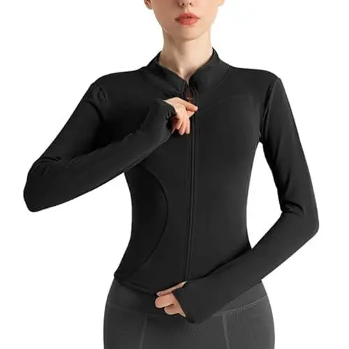 Produktbild: Sportshirt Damen Langarm, Yoga Langarm Crop Top, Sweatshirt Langarm Gym T-Shirt, Sportjacke Damen, Leicht Fitness Oberteil mit Daumenloch, Stehkragen Laufshirt mit Langer Reißverschluss