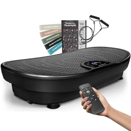 Produktbild: Sportstech Vibrationsplatte VP250 | Deutsche Qualitätsmarke | Curved Slim Design | Fettverbrennung & Muskelaufbau | leiser Motor mit 180 Stufen | 7+1 Trainingsprogramme inkl. Yoga | mit Bluetooth