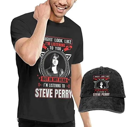 Produktbild: Sportswear Herren Kurzarmhemd, Steve Perry T Shirts Men's Cotton Short Sleeve Teet with Baseball Cap
