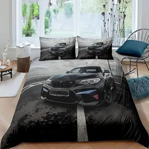 Produktbild: Sportwagen Bettwäsche-Sets,Microfaser Bettwäsche 135X200 + 80X80 Kissenbezug,Schwarzes Auto 3D Bettbezug Mit Reißverschluss Sommer Winter Für Kinder,Single Bed,A30
