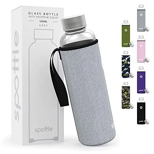 Produktbild: spottle® Glasflasche - Trinkflasche aus Glas mit Neoprenhülle in 550 & 750 ml - spülmaschinenfest und auslaufsicher - ideal für unterwegs, Saft, Sport und Yoga - 100% BPA frei Grau