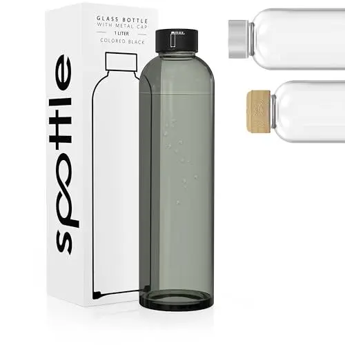 Produktbild: spottle Trinkflasche aus Glas (Schwarz/Deckel aus Metall, 1000ml / 1 Liter)