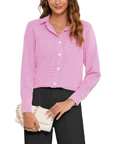 Produktbild: SPRING SEAON Damen Karierte Hemd Langarm Trachtenbluse Karohemd V-Ausschnitt Button-Down Blusen Oktoberfest Hemdbluse Holzfällerhemd Casual Oberteil mit Knopfleiste Work Tops