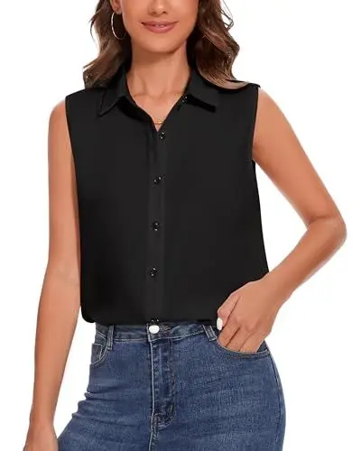 Produktbild: SPRING SEAON Damen ärmellos Knöpfen Hemden Klassische Kragen Bluse Basic Tank Tops Arbeit Büro Formelle Chiffon Tops Casual Blusen