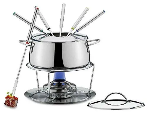 Produktbild: Spring Fondue Set SWISS ECO | aus Edelstahl | Rechaud Brenner | inkl. 6 farbig markierten Fondue Gabeln, Fondue Deckel und Spritzschutz | für Gas- und Elektroherde geeignet | 2L | Ø18cm