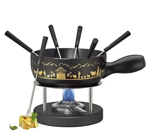 Produktbild: Spring Käsefondue Set MONTANA | aus Keramik | schwarz mit goldenen Alpenmotiven | Rechaud Brenner aus Metall/Edelstahl | inkl. 6 Fondue Gabeln | für alle Fondue-Arten geeignet | 2L | Ø22cm
