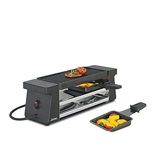 Produktbild: Spring Raclette 2 Personen COMPACT Schwarz, Tischgrill elektrisch, Antihaftbeschichtete Alu-Grillplatte, 2 Raclette Pfännchen & Spatel, Abstellebene, 34,5×10,5×11,5 cm, 400W, Raclette Grill