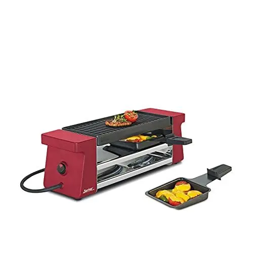 Produktbild: Spring Raclette 2 Personen COMPACT, rot, Tischgrill elektrisch, Antihaftbeschichtete Alu-Grillplatte, 2 Raclette Pfännchen & Spatel, Abstellebene, 34,5×10,5×11,5 cm, 400W, Raclette Grill