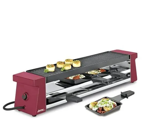 Produktbild: Spring Raclette 4 Personen COMPACT, rot, Tischgrill elektrisch, Antihaftbeschichtete Alu-Grillplatte, 4 Raclette Pfännchen & Spatel, Abstellebene, 54,0×10,5×11,5cm, 650W, Raclette Grill