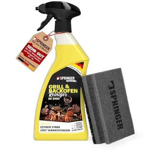 Produktbild: SPRINGER HX2000 - - Grillreiniger 750 ml + Grillschwamm - - Made in Germany - - Rauchharzentferner für hartnäckigen Schmutz & Eingebranntes - - Backofen-Reiniger für Guss, Edelstahl, Glas etc.