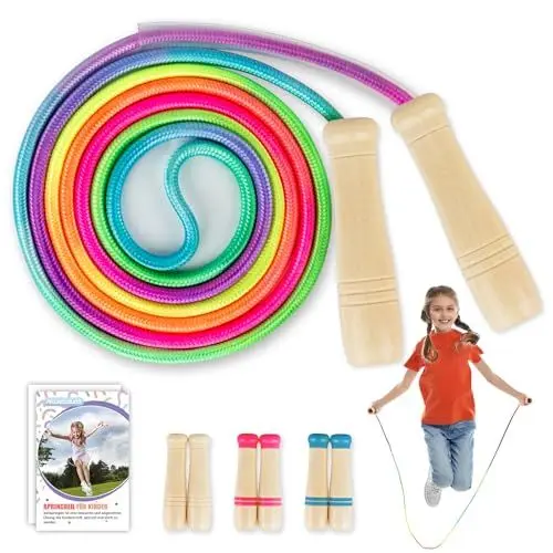 Produktbild: Springseil Kinder, Verstellbare Seilspringen für Fitness, 250CM Jump Rope Kinder mit Holzgriff und Regenbogen-Springseil, Skipping Rope Kids für Jungen und Mädchen 4 5 6 7 8 9 10 jahre