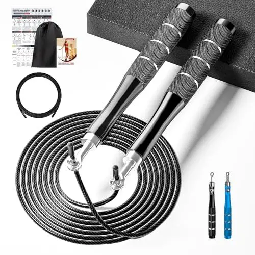 Produktbild: Springseil Speed Rope, 360° Springseil Erwachsene Fitness mit Trainingsposter für Männer & Frauen, Verstellbares 300CM Seilspringen mit Doppellagersystem & Aluminium-Griff für Boxen & MMA