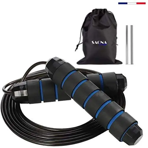 Produktbild: Springseil, Sport, Crossfit, Boxen und Fitness – verstellbar, schwer (Gewicht), Kugellager (Geschwindigkeit) – Erwachsene & Kinder – Tasche + E-Book (blau)