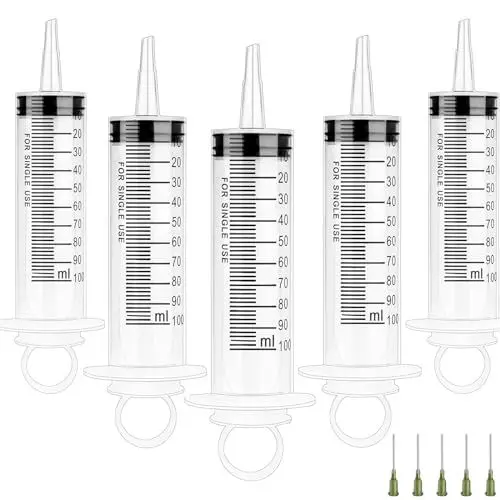 Produktbild: Spritze 100ml mit Stumpfer Nadel 5 Stück Spritzen 100ml Steril Verpackt Dosierspritze Wiederverwendbar für Fütterung Pflanzenbewässerung Motoröl oder Bremsflüssigkeit