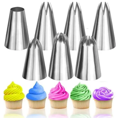 Produktbild: 7 Stück Spritztüllen Set,Edelstahl Tüllen,Profi Spritztülle Groß Nahtlose Düsen,Nahtlose Blumen Torten Dekoration Werkzeuge,für Spritzsack Sahne Cupcake Kuchen Dekorieren