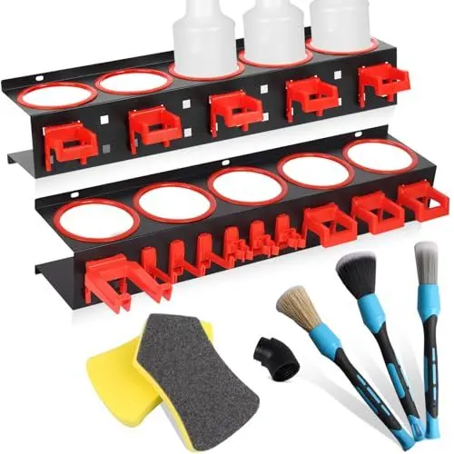 Produktbild: Mlijzard Dosenhalter 2 Stück Spraydosenhalter, 15 Haken & 5 Reinigungsbürsten, Sprühdosenhalter für Garage Werkstatt, Sprühflaschen Sprühflaschenhalter Halterung für Sprühdosen Spraydosen Regal