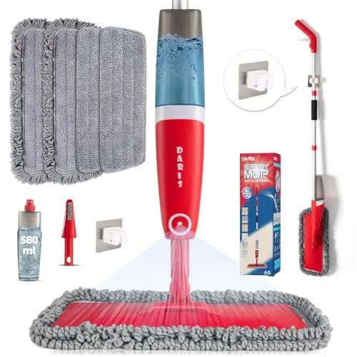 Produktbild: Sprühmopp für Bodenreinigung mit 4 Waschbaren Pads Nass Trocken Mikrofaser Bodenwischer Sprays mit 580ml Nachfüllbare Flasche für Haus Küche Holzboden Hartholz Laminat Keramikfliesen Boden