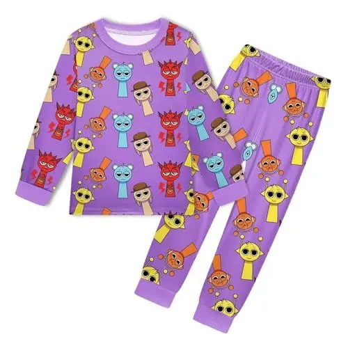 Produktbild: Sprunki Schlafanzug Jungen Mädchen Cartoon Kuschel Pyjama Set für Kinder Kleinkind Langarm Rundhals Pullover + Elastische Taille Schlafhose Hausanzug Herbst Winter Zweiteilig Nachtwäsche Set 2-9T