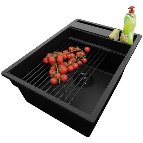 Produktbild: PRIMAGRAN Spülbecken Alles Schwarz 38x53cm, Granitspüle 1 Becken + Ablauf-Set + Küchenzubehörset, Küchenspüle ab 40er Unterschrank - Oslo Pocket