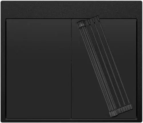 Produktbild: Spülbecken Alles Schwarz 58x50 cm, Granitspüle + Ablauf-Set + 2xSchneidbrett + Aufrollbare Abtropffläche, Küchenspüle für 60er Unterschrank, Einbauspüle von Primagran