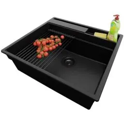 Produktbild: Spülbecken Alles Schwarz 58x53cm, Granitspüle 1 Becken + Ablauf-Set + Aufrollbare Abtropffläche, Küchenspüle ab 60er Unterschrank - Oslo Pocket von Primagran
