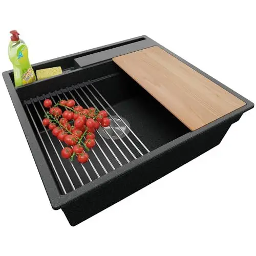 Produktbild: PRIMAGRAN Spülbecken Anthrazit 58x53cm, Granitspüle 1 Becken + Ablauf-Set + Küchenzubehörset, Küchenspüle ab 60er Unterschrank - Oslo Pocket