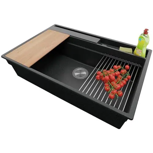 Produktbild: PRIMAGRAN Spülbecken Anthrazit 78x53cm, Granitspüle 1 Becken + Ablauf-Set + Küchenzubehörset, Küchenspüle ab 80er Unterschrank - Oslo Pocket