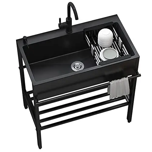 Produktbild: Spuelbecken Edelstahl Schwarz,Freistehende Küchenspüle Spültisch 1 Becken,Spüle Moderne Küchenzeile,Waschtisch Mit Wasserhahn-Ablaufset,Waschbecken Für Außen Innen Bad Gäste WC Küche ( Size : 60*45*86