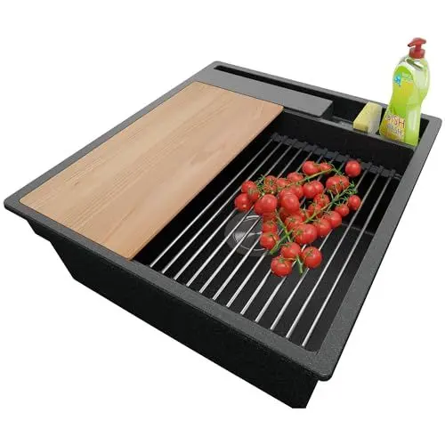 Produktbild: PRIMAGRAN Spülbecken Anthrazit 48x53cm, Granitspüle 1 Becken + Ablauf-Set + Küchenzubehörset, Küchenspüle ab 50er Unterschrank - Oslo Pocket