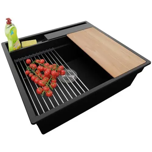 Produktbild: PRIMAGRAN Spülbecken Schwarz 58x53cm, Granitspüle 1 Becken + Ablauf-Set + Küchenzubehörset, Küchenspüle ab 60er Unterschrank - Oslo Pocket
