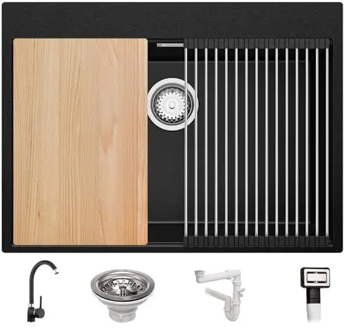 Produktbild: Granitspüle Schwarz 68x50cm, Spülbecken 1 Becken + Ablauf-Set + Küchenarmatur + Küchenzubehörset, Küchenspüle ab 70er Unterschrank - Oslo Top von Primagran