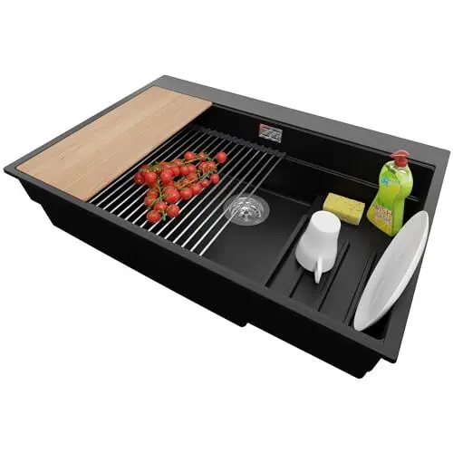 Produktbild: PRIMAGRAN Spülbecken Schwarz 78x53cm, Granitspüle 1 Becken + Ablauf-Set + Küchenzubehörset, Küchenspüle ab 80er Unterschrank - Oslo Max