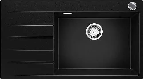 Produktbild: Spülbecken Schwarz 90x50 cm, Granitspüle 1 Becken + Ablauf-Set, Küchenspüle ab 60er Unterschrank, Einbauspüle von Primagran