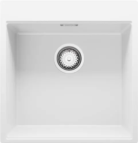 Produktbild: PRIMAGRAN Spülbecken Weiß 48x50cm, Granitspüle 1 Becken + Ablauf-Set + Aufrollbare Abtropffläche, Küchenspüle ab 50er Unterschrank - Oslo