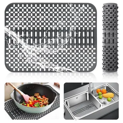 Produktbild: Spülbeckeneinlage Silikon, Matte für Spülbecken,Spülbeckeneinlage Eckig, Spülbecken Matte zum Abstellen und Trocken von Besteck Hitze und Rutschfestigkeit (Dunkelgrau, 43 x 32 x 1.2cm)