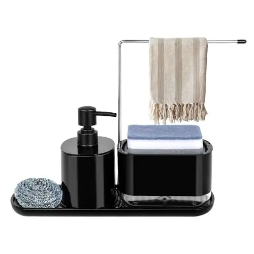 Produktbild: Sumotia Spülmittelspender Küchen Set, Seifenspender Set mit Schwammhalter und Handtuchhalter, Schwarzer Küche Spülbecken Organizer, Waschmittel Wiederbefüllbar, Geeignet für Küchenspüle, DE-0276-001