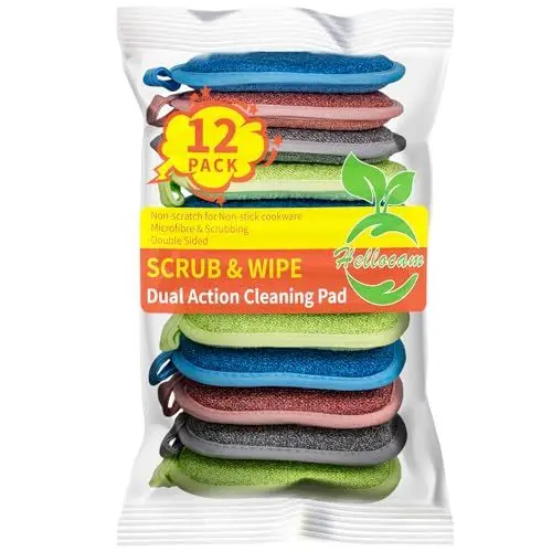 Produktbild: Spülschwamm Topfreiniger Küchenschwamm Waschbar zum wiederverwenden 12 er Set,10x8 cm mit Mikrofaser, mit 2 leistungsstarke Seiten,Für Gründliche Reinigung bei hartnäckigem Schmutz.