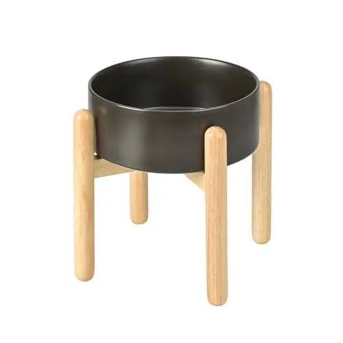 Produktbild: SPUNKYJUNKY Hundenapf Keramik Fressnapf Erhöhter Futternapf Wassernapf mit Bambus Ständer für mittelgroße und große Hunde (1800ml, Schwarz)